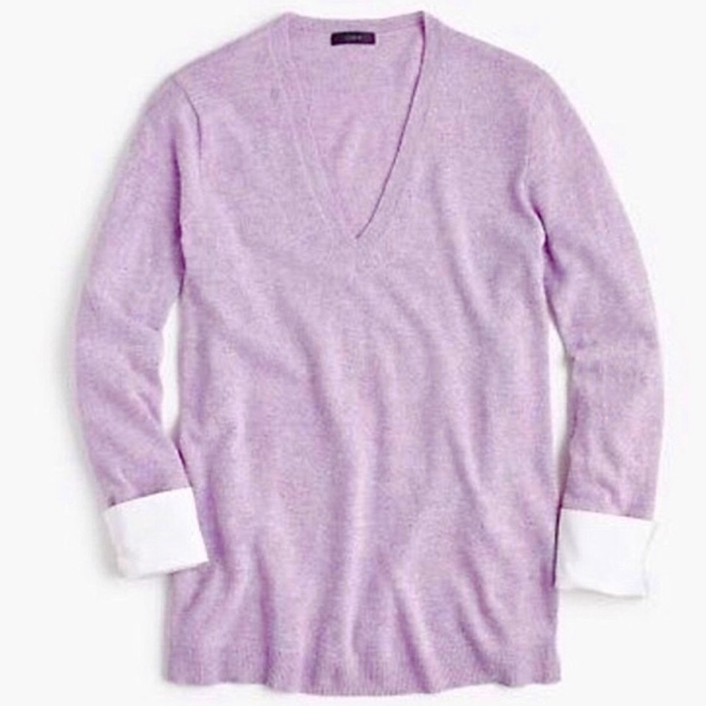 J.Crew Lavender V-Neck Wool White Cuff Sweater